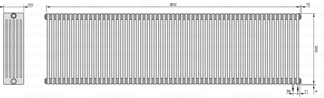 Схема (чертеж) Радиатор Zehnder Charleston 6220/57 №5510 Белый глянцевый RAL 9016